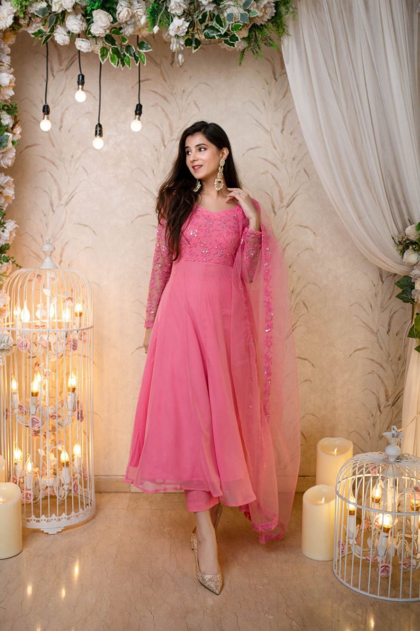 Georgette Fabric Pink Color Party Wear Embroidered Readymade Anarkali Style  Floor Touch Gown With Dupatta